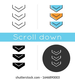 Scrolling down arrows button icon. Three downward arrowheads. Downloading process indicator for website page. Scrolldown web cursor. Linear black and RGB color styles. Isolated vector illustrations