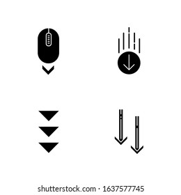 Scrolling down black glyph icons set on white space. Computer mouse and arrowheads in circles buttons. Moving arrows. Way direction. Silhouette symbols. Vector isolated illustration