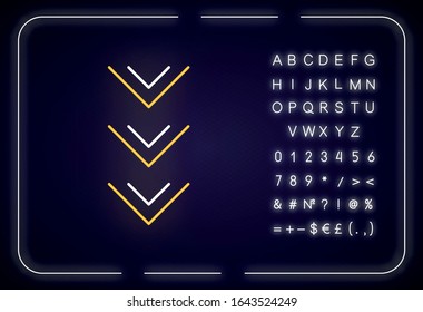 Scrolling down button neon light icon. Arrowheads, scrolldown web cursor, indicator. Outer glowing effect. Sign with alphabet, numbers and symbols. Vector isolated RGB color illustration