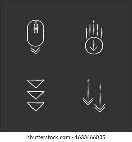 Scrolling down chalk white icons set on black background. Moving arrows. Web page browsing cursor and download indicators. Way direction. Isolated vector chalkboard illustrations