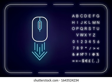 Scrolling down computer mouse neon light icon. Internet page browsing arrow. PC mouse. Outer glowing effect. Sign with alphabet, numbers and symbols. Vector isolated RGB color illustration