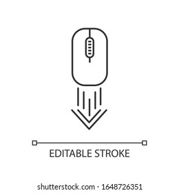 Scrolling down computer mouse pixel perfect linear icon. Scrolldown gesture indicator. Web cursor. Thin line customizable illustration. Contour symbol. Vector isolated outline drawing. Editable stroke