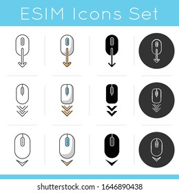 Scrolling down icons set. Computer mouse and arrowheads buttons. Moving arrows. Cursor and download indicators. Way direction. Linear, black and RGB color styles. Isolated vector illustrations