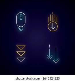 Scrolling down neon light icons set. Computer mouse and arrowheads in circles buttons. Way direction. Cursor, indicator. Signs with outer glowing effect. Vector isolated RGB color illustrations