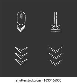 Scrolling down and uploading indicators chalk white icons set on black background. Scrolldown gesture. Arrows interface navigation button. Website page cursor. Isolated vector chalkboard illustrations