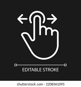 Scrolling horizontally pixel perfect white linear icon for dark theme. Move left and right. Touchscreen. Thin line illustration. Isolated symbol for night mode. Editable stroke. Arial font used