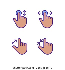 Scrolling and magnifying gestures pixel perfect RGB color icons set. Touchscreen. Electronic device navigation. Isolated vector illustrations. Simple filled line drawings collection. Editable stroke