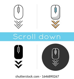 Scrolling mouse icon. Internet page browsing gesture, down arrowheads indicator. PC mouse and double arrow. Web cursor. Linear black and RGB color styles. Isolated vector illustrations