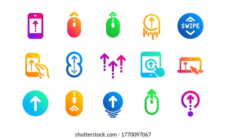 Desplazamiento del ratón, señalización de la página de inicio. Deslizar iconos. Desplazar hacia arriba los iconos de la tecnología de dispositivos móviles. Navegación de desplazamiento del sitio web. Conjunto clásico. Patrones de degradado. Señales de calidad. Vector