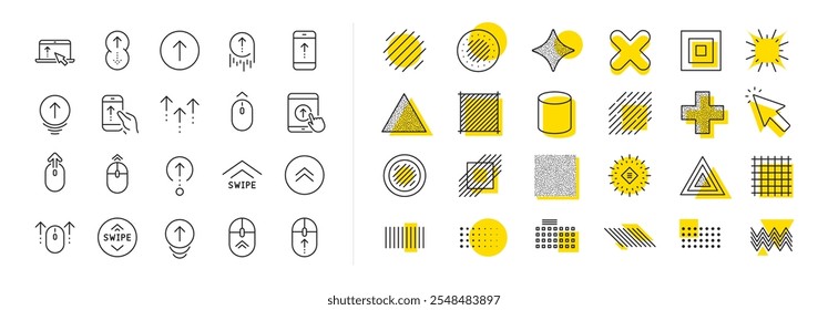 Scrolling mouse, landing page swipe signs. Design shape elements. Swipe up line icons. Scroll up mobile device technology icons. Website scroll navigation. Tablet pc or smartphone symbols. Vector