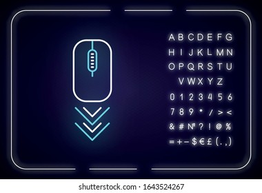 Scrolling mouse neon light icon. Internet page browsing gesture, down arrowheads indicator. Outer glowing effect. Sign with alphabet, numbers and symbols. Vector isolated RGB color illustration
