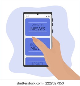 Scrolling news feed. Phone in hand. World news in your phone. A man watching the news on his phone. Vector flat illustration