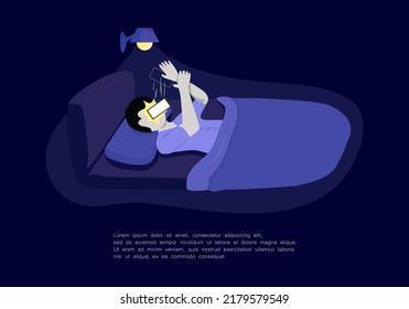 Scrolling On The Phone During Lying In Bed. When You Are Tired And Sleepy At Night But Continue To Use Your Smartphone. The Mobile Dropped On The Face. Internet Addiction And Bad Sleeping Habits.