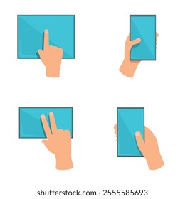 Scrolling screen icons set cartoon vector. Hand gesture on touch digital device. Modern technology