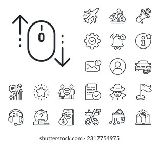 Señal de la pantalla de desplazamiento. Salaryman, igualdad de género e iconos de la descripción de timbre. Desplazar hacia abajo el icono de la línea del ratón. Página de swipe. Desplazar hacia abajo el signo de la línea. Icono de marcador de posición de perfil o espía. Vector