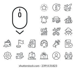 Scrolling screen sign. Salaryman, gender equality and alert bell outline icons. Scroll down mouse line icon. Swipe page. Scroll down line sign. Spy or profile placeholder icon. Vector