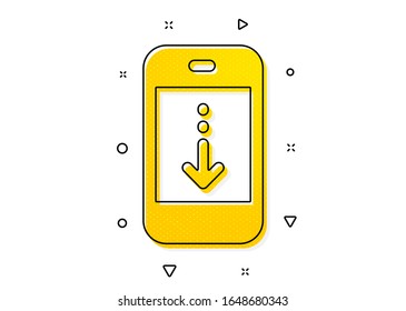 Scrolling screen sign. Scroll down phone icon. Swipe page. Yellow circles pattern. Classic scroll down icon. Geometric elements. Vector