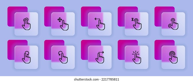 Scrolling set icon. Click, slide, zoom, zoom out, sensor, touchpad, tap, press, keyboard. Sensory concept. Glassmorphism style. Vector line icon for Business and Advertising