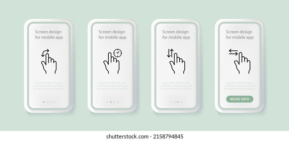 Scrolling set icon. Index finger, gestures, slider, sensor, paging, technologies, hand, click. Cursor concept. UI phone app screens with people. Vector line icon for Business and Advertising