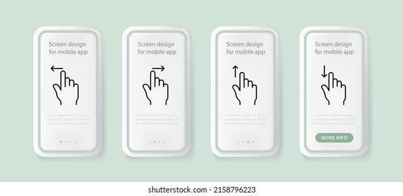 Scrolling set icon. Index finger, arrows left, right, up and down, slider, sensor, paging, mouse, click. Cursor concept. UI phone app screens with people. Vector line icon for Business and Advertising