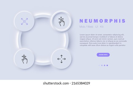 Icono de conjunto de desplazamiento. Índice dedo, pincel, golpecito, deslizamiento, Click, touch, cursor, flecha, sensor, reloj. Concepto de presión. Estilo neomorfista. Icono de línea de vector para negocios y publicidad