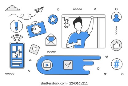 Scrolling social media network. Internet user, posting online content, smm influencer vector monocolor illustration