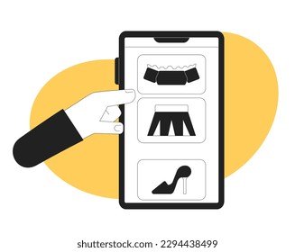 Desplazarse a través de la tienda de ropa en línea para la alimentación monocroma concepto vectorial ilustración de spot. Caricatura 2D plana bw de primera mano para diseño de interfaz de usuario web. Imagen de héroe dibujado a mano sobre fondo colorido