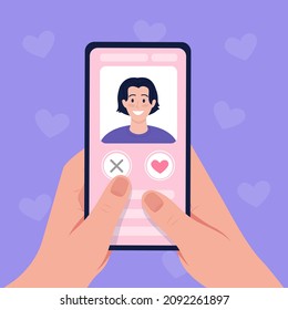 Scrolling through profiles on dating app flat color vector illustration. Searching for potential mate on dating site. Finding perfect match 2D cartoon first view hand with abstract background