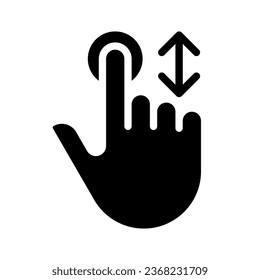 Scrolling vertically black glyph icon. Move down and up. Touchscreen control gesture. Device screen navigation. Silhouette symbol on white space. Solid pictogram. Vector isolated illustration