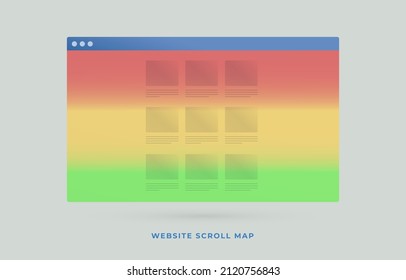 Scrollmap or website scroll heat map tool - type of web page heatmap that visually shows how far users scroll down a page. Digital Marketing SEO strategy increase conversions flat vector icon concept