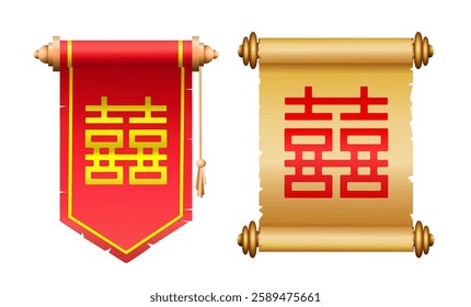 Scrolls with Chinese golden signs Double Happiness (Shuang Xi) on white background. Vector art illustration