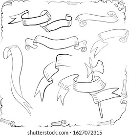 Scrolls, edges of torn paper, ribbons