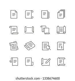 Scrolls and papers related icons: thin vector icon set, black and white kit