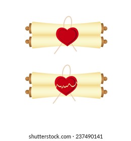 Scrolls with seal of heart's shape. Isolated on a white. Vector illustration