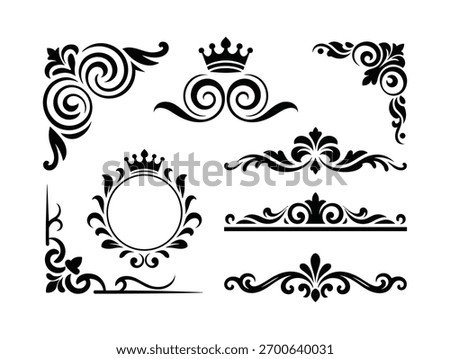 Scrollwork corners illustration decorative elements set ornate text dividers and crown symbols vintage baroque style graphic vector objects.