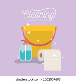 scrub brush and dust pan bucket and garbage bag cleaning service on color background