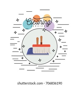 scrub brush and dust pan cleaning service colorful silhouette in circular frame with color bubbles and decorative stars and lines on white background vector illustration