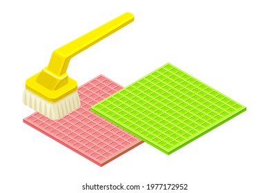 Scrub Brush with Handle Cleansing Mat as Household Cleaning Equipments Isometric Vector Composition