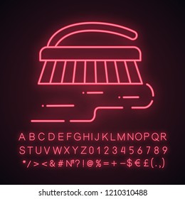 Scrub brush neon light icon. Carpet cleaning brush. Glowing sign with alphabet, numbers and symbols. Vector isolated illustration