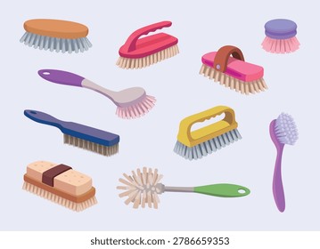 Scrub brushes. Vector cartoon set with wooden cleaning brushes bath tools and household scrub accessories in exact style