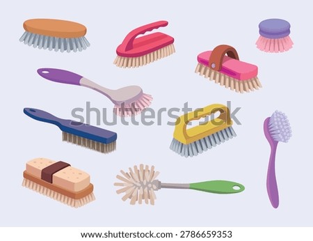 Scrub brushes. Vector cartoon set with wooden cleaning brushes bath tools and household scrub accessories in exact style