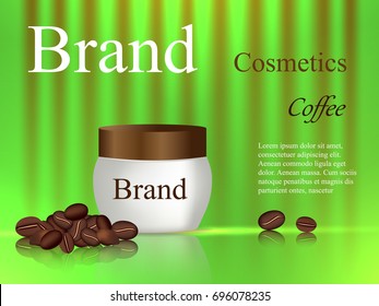 Scrub for coffee body, cream tube on green and brown background, cosmetics design, coffee beans, beauty, advertisement, banner, poster, 3d vector, realistic illustration