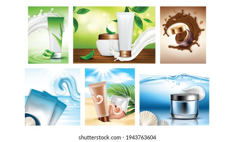 Scrub Cosmetics Creative Promo Posters Set Vector. Blank Packages Scrub With Natural Ingredients Sea Salt, Aloe Vera And Coffee Beans Collection Advertise Banners. Style Concept Template Illustrations