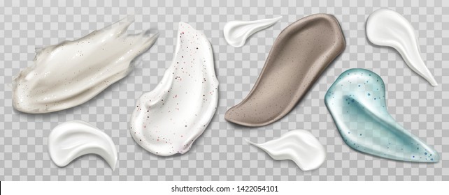 Scrub or cream smears swatch set. Cosmetics beauty skin care product strokes isolated on transparent background, foundation, milk, lotion, gel, drops texture Realistic 3d vector illustration, clip art