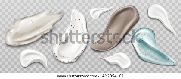 Scrub or cream smears swatch set. Cosmetics beauty\
skin care product strokes isolated on transparent background,\
foundation, milk, lotion, gel, drops texture Realistic 3d vector\
illustration, clip art