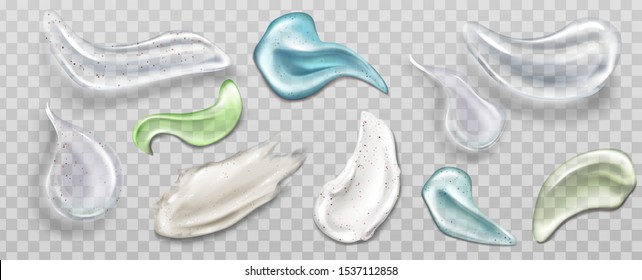 Scrub and gel smears swatch set. Cosmetics beauty skin care product strokes isolated on transparent background, cream, peeling, milk, lotion, drops texture Realistic 3d vector illustration, clip art - Shutterstock ID 1537112858