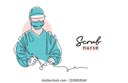 Scrub nurse simple vector illustration with scissors . One continuous line art drawing background, banner, poster of surgical nurse.