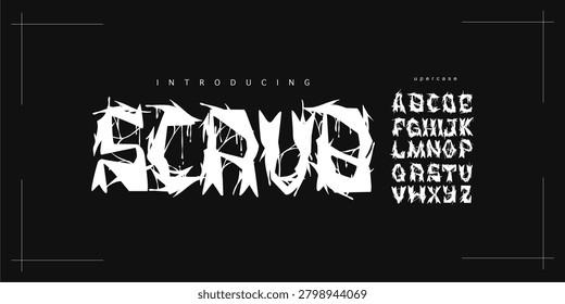 Scrub: A slasher horror font. Spiky jagged gore display typeface inspired by thrillers and sharp weapon cuts for metal logos.