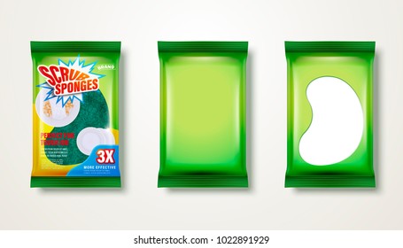 Scrub sponge design set, dish washing tool green package isolated on white background, 3d illustration