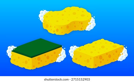 Esponja de exfoliación. Herramienta de lavado de platos. Cepillo de limpieza de limpieza de pisos y fregado de viviendas. Concepto de limpieza. Ilustración vectorial.